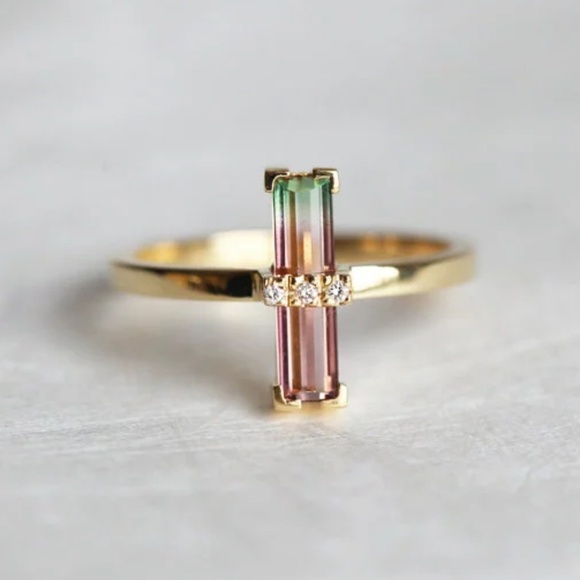 14k Elongated Emerald Watermelon Tourmaline Ring - Picture 2 of 7